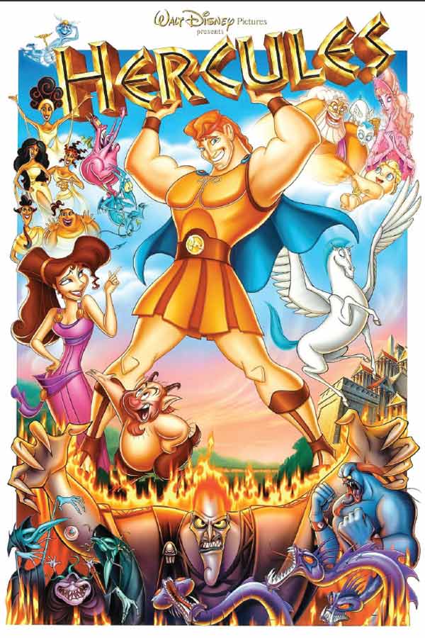 poster from the film "Hercules" with various characters from the film posing in front of a white background