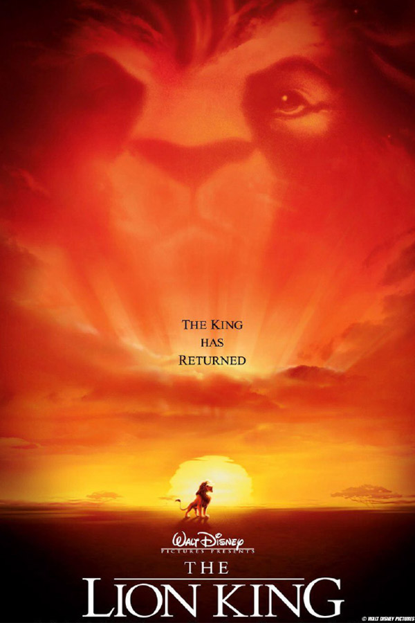 poster from the film "The Lion King" of Simba walking in front of a sunset