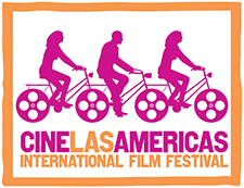 pink graphic of three people on bicycles with text below in orange and pink, "Cine Las Americas International Film Festival"