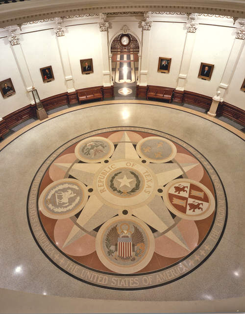 Installed in 1936 to commemorate 100 years of statehood, the floor design includes the seals of the six nations that have governed Texas. 