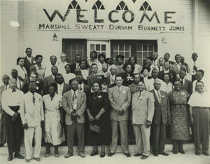 This image shows members of the Southwest Region NAACP in Dallas, Texas, in March 1950. Lulu B. White is pictured in the front row wearing a black dress. To the right is Thurgood Marshall, who famously argued on behalf of the NAACP during the Brown v. Board of Education of Topeka case and later became the first African American to be appointed to the United States Supreme Court. Juanita Jewel Shanks Craft Collection, di_02534, image courtesy the Dolph Briscoe Center for American History, The University of Texas at Austin