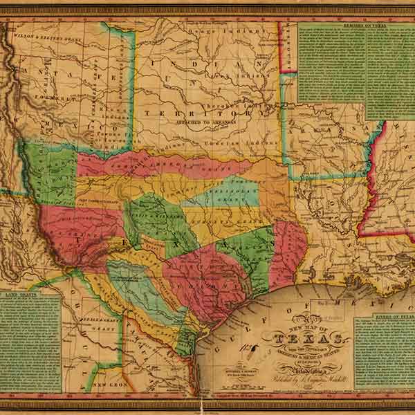 Land grants were essential to the growth of cattle ranching in Texas, beginning under Spanish rule in the eighteenth century. In 1821, the Spanish crown began offering large areas of land in the north for settlement by foreign American emigrants. By 1835, forty-one grants were made to land agents, or empresarios, who settled hundreds of Anglo-American families on Texas land. This map, created in 1835, shows colonies and land grants in Mexican Texas.  Map by J.H. Young, S.A. Mitchell (Mitchell & Hinman), Philadelphia, 1835. Image courtesy Library of Congress Geography and Map Division Washington, D.C. 