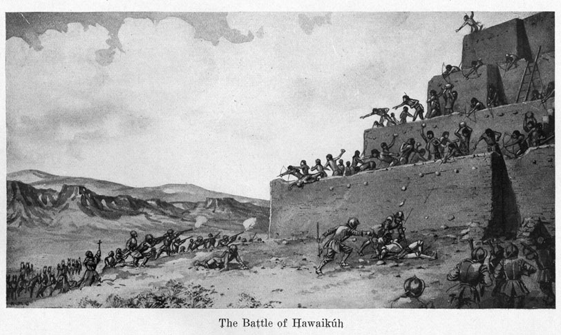 American artist Kenneth Chapman depicted the battle between Spanish soldiers and Zuñis at Hawikuh in “Battle of Hawikuh, Coronado’s attack of July 6, 1540.” Chapman created this artwork in 1911. Battle of Hawikuh, Coronado's attack of July 6, 1540, 1911. Image courtesy the Palace of the Governors Photo Archives (NMHM/DCA), 048918