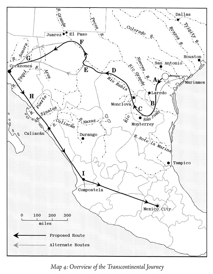 Cabeza de Vaca and his companions took an indirect route from Texas to Mexico City. Believing the coast was occupied by hostile tribes, they headed west along the Rio Grande instead. They stayed with American Indian tribes along the way, finally reaching Culiacan in January 1536. They arrived in Mexico City six months later. Image courtesy <em>We Came Naked and Barefoot: The Journey of Cabeza de Vaca across North America</em> by Alex D. Krieger, edited by Margery H. Krieger, University of Texas Press, © 2002