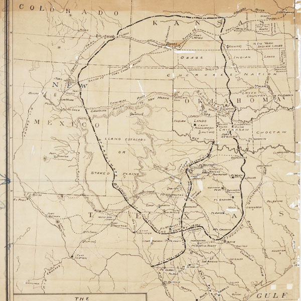 This military map of the Comanche Indian Territory in the Great Plains, depicts Texas, Oklahoma, New Mexico, Kansas, and Colorado. The Comanche Country and Adjacent Territory, 1860, map, 1933 by Riney, W.A. Image courtesy Abilene Library Consortium and was provided by the Hardin-Simmons University Library to The Portal to Texas History, a digital repository hosted by the UNT Libraries