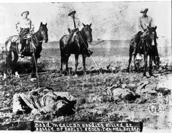 Texas Rangers and local vigilantes exerted little effort to distinguish between rebellious Tejanos and residents not taking part in the uprising. Shortly after a Mexican raid on the Norias Ranch, unknown assailants killed four Tejanos found in the area—three of whom were identified as Abraham Salina, Eusebio Hernández, and Juan Tobar. The following morning, three Texas Rangers including Captains William Hanson and James Monroe Fox posed with their lassos around the lifeless bodies. The picture soon circulated as a souvenir postcard, dehumanizing those slain and prompting outrage amongst Tejanos. Image courtesy Robert Runyon Photograph Collection, RUN00096, The Dolph Briscoe Center for American History, The University of Texas at Austin