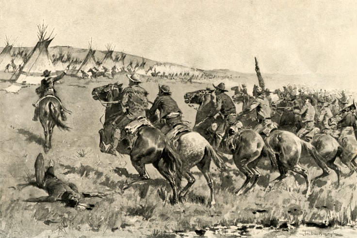 At the start of the Battle of Antelope Hills, Comanche headman Pohebits Quasho rode out to meet the Rangers. He was nicknamed “Iron Jacket” for the Spanish armor he wore and his people believed he was invincible. When the Rangers shot and killed him at close range and then went on to overwhelmingly defeat the Comanches, it was a morally devastating loss for the American Indians. This painting by Frederic Remington depicts the Texas Rangers charging the Comanche village at Little Robe Creek, as described to Remington by Texas Ranger Colonel “Rip” Ford. 