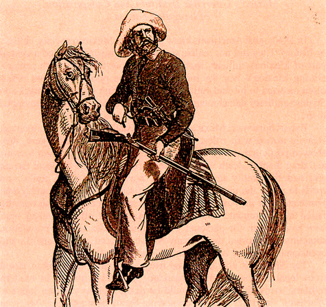 During the Texas Revolution, the Texas provisional government authorized Rangers to be paid $1.25 per day plus $5.00 per month for food and supplies; officers earned $50 to $60 per month.  However, the men had to provide their own horses, tack, weapons, and ammunition.  This 1848 print depicts a Ranger astride his horse. Image courtesy Library of Congress, Prints and Photographs Division