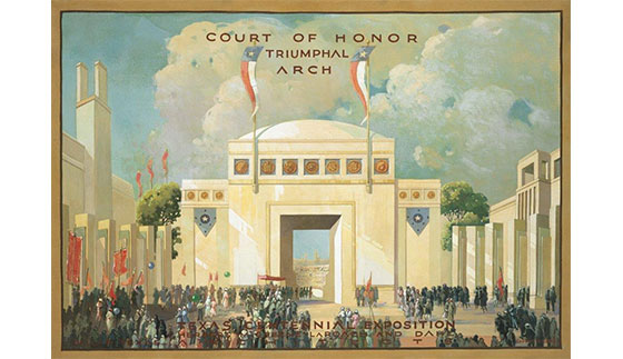 Court of Honor, oil on canvas by Eugene Gilboe (46"w x 32"h). Courtesy the Family of George Dahl: Ted and Gloria Akin, Adrienne Akin-Faulkner, Faulkner Design Group, Dallas.