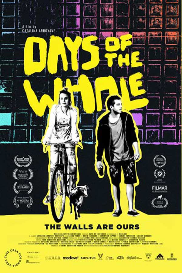 poster from the film "Days of the Whale" of a woman on a bike and a man standing near a brick wall, they are outlined in bright yellow. Text in bright yellow reads, "Days of the Whale"
