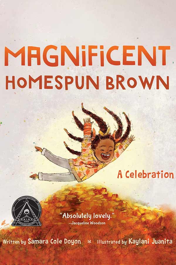 illustration of a young girl in the air above a pile of orange and red leaves, title reads "MAGNIFICENT HOMESPUN BROWN"