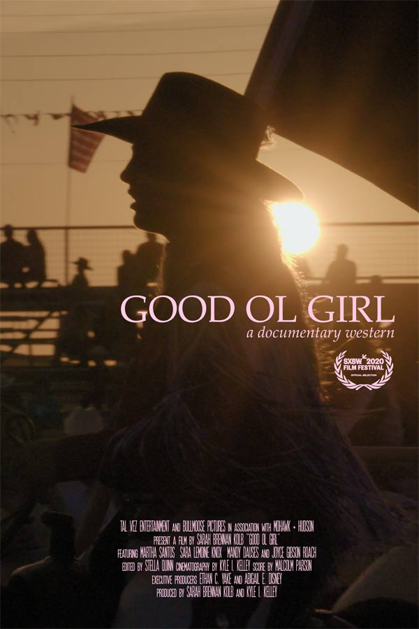 silhouette of a person with a cowboy hat on a horse, pink text that reads, "Good Ol Girl"