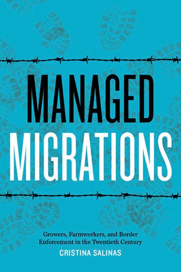 blue book cover with two lines of black barbed wire on the top and bottom and light green footprints on the background. Text that reads, "Managed Migrations"