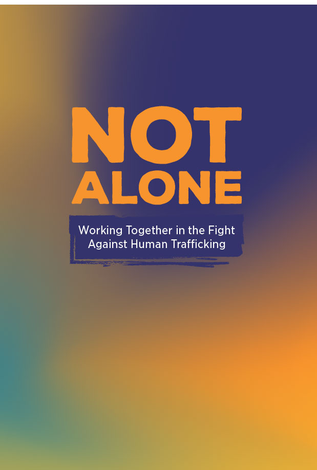 orange, purple, blue and yellow gradient with purple text that reads, "NOT ALONE"