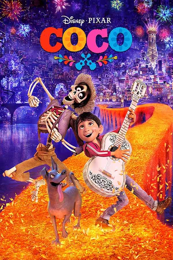 film poster from "Coco" a young boy playing a guitar next to a dancing skeleton man on a bright orange road