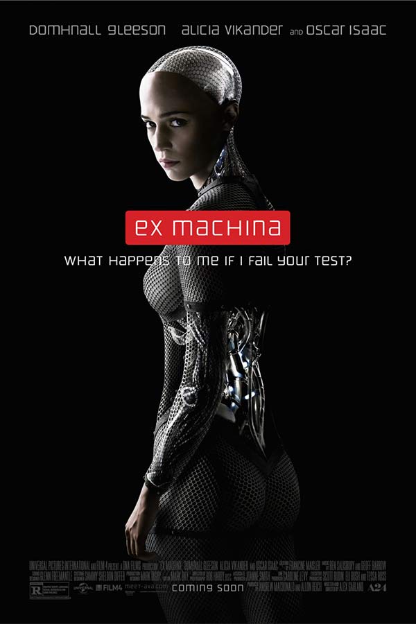 "Ex Machina" film poster a person in a shiny metal suit that covers their head on a black background