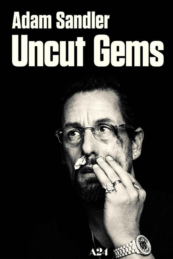 Film poster for "Uncut Gems" with Adam Sandler looking off to the side, touching his bruised face.
