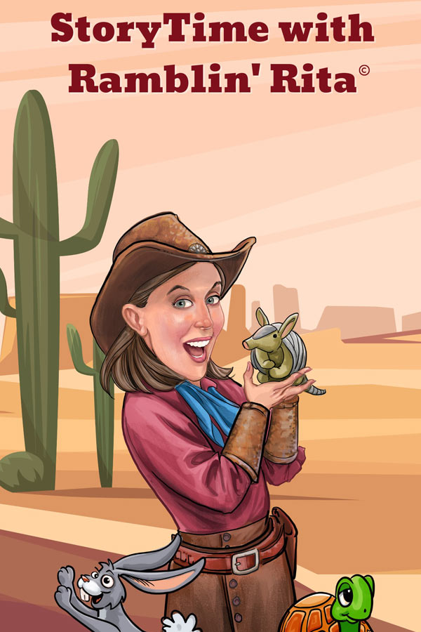 A cartoon illustration of Ramblin' Rita holding an armadillo