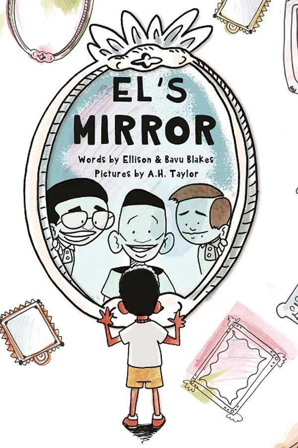 illustrated cover of the book, "El's Mirror." A child is standing in front of a large mirror, three men are looking back through the mirror
