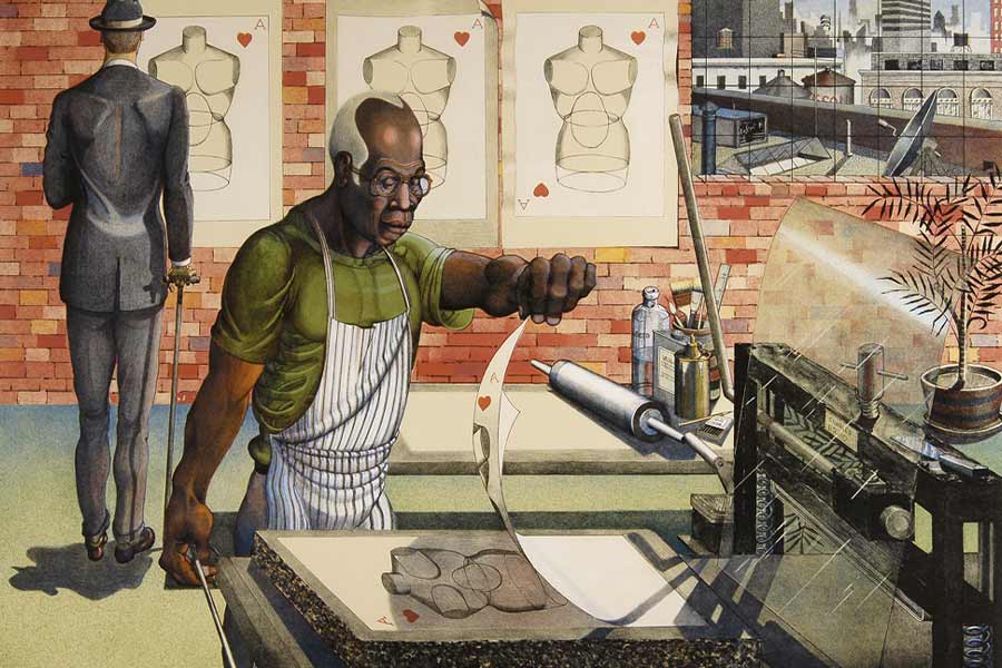 illustration of a Black man pulling a print in a printmaking studio