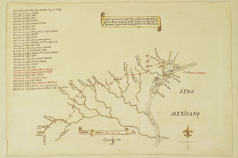 Map showing La Belle in Matagorda Bay from Spanish map  by Carlos Sigüenza y Góngora based on sketches from Alonso de León’s 1689 quest to find Fort St. Louis. Courtesy Bryan (James Perry) Papers, The Dolph Briscoe Center for American History, UT Austin