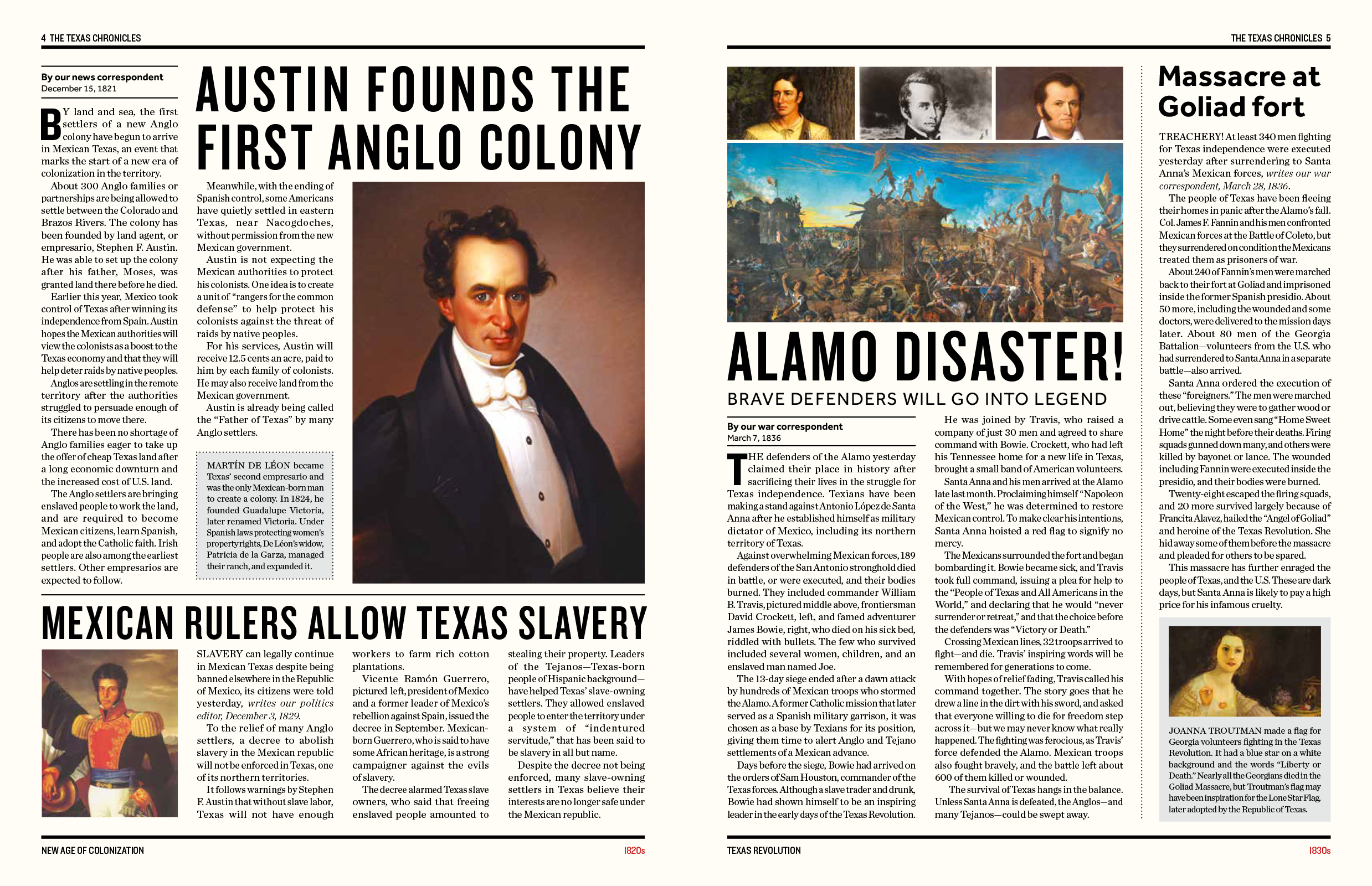 The Texas Chronicles features colorful illustrations and more than 60 newspaper-style articles detailing key moments in Texas history.