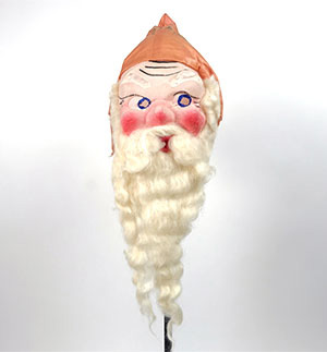 Rumpliche mask, 1920s-1930s. As a part of Wendish Christmas tradition, small groups of masked Rumpliches would visit children to find out if they were naughty or nice. This mask is on view at the Bullock Texas State History Museum.