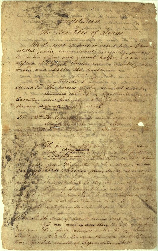 First page of the Texas Constitution, draft version, March 1836. Courtesy Texas General Land Office, Archives and Records Program, Austin.