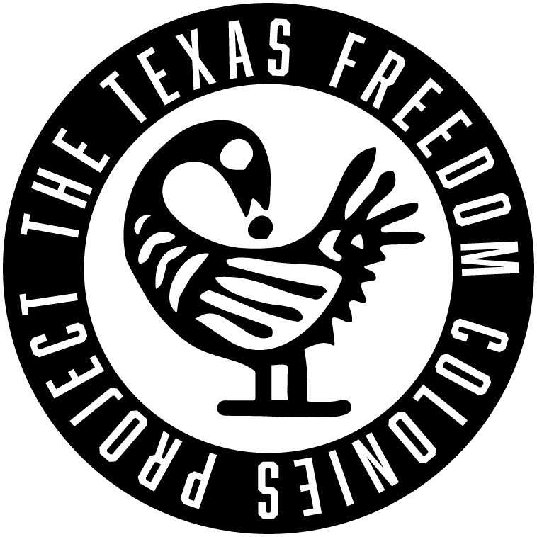black and white graphic logo of a duck and text that reads, "The Texas Freedom Colonies Project"
