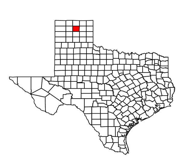 The red square indicates the location of Hutchinson County, Texas in which the towns of Phillips and Borger are located