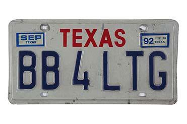 Texas license plate with the characters "BB 4 LTG"