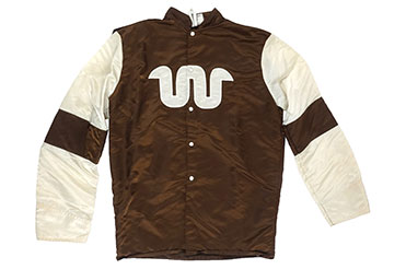 Brown and white silk jacket with a white logo on it that is in the shape of a "W"