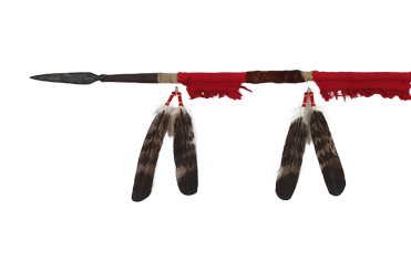 Comanche lance with two red hide wraps and two red-tailed hawk feathers hanging from the middle