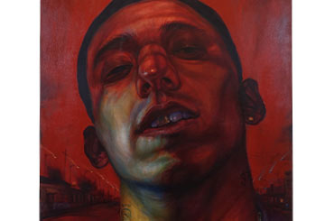red portrait of a man with tattoos and his head titled up but is looking down at the viewer