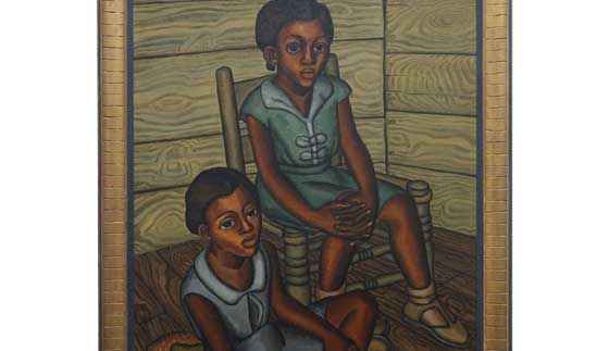painting of two Black women in a room with walls made of logs, one woman is sitting in a rocking chair