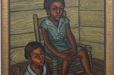 painting of two Black women in a room with walls made of logs, one woman is sitting in a rocking chair