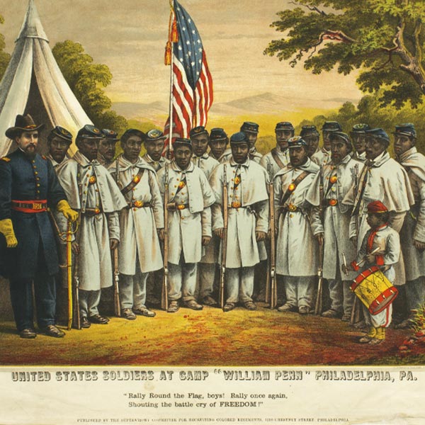 The Second Confiscation and Militia Act of July 17, 1862, officially allowed the federal recruitment of men of African descent for military service. However, President Abraham Lincoln did not call for their service in combat until after issuing the Emancipation Proclamation in 1863. The result was a great effort, in both the North and South, to recruit Black men for service to the Union. This recruitment poster was published in 1863 by the Supervisory Committee for Recruiting Colored Regiments. Image courtesy Library Company of Philadelphia