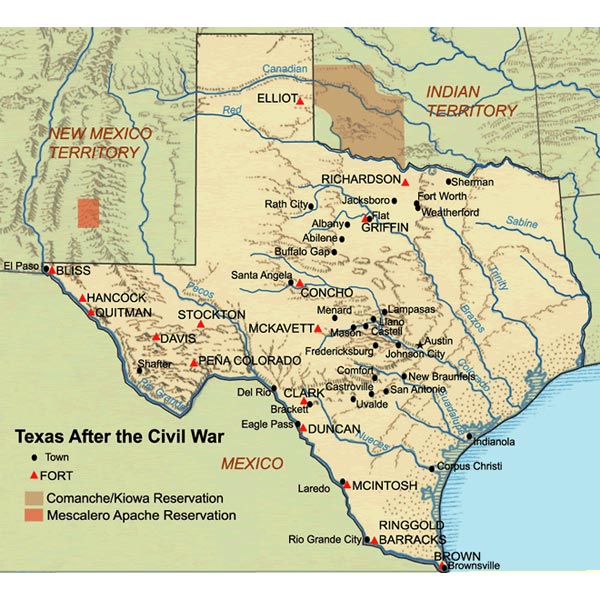 Buffalo Soldiers were stationed at various Texas forts, including Forts Bliss, Richardson, Griffin, Concho, McKavett, Davis, and Stockton. They built roads and other infrastructure, escorted settlers and cattle herders, protected mail service, built telegraph lines, and patrolled frontiers. Image courtesy Texas Beyond History