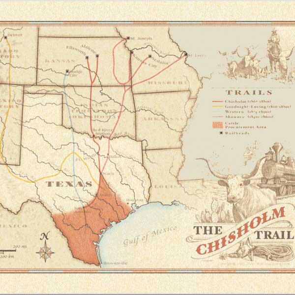 The primary route of the Chisholm Trail began in San Antonio and followed the older Shawnee Trail through Austin and Waco, then continued on to Red River Station.  From there, it split toward various Kansas railheads including Abilene, Ellsworth, and Junction City.  The Trail was not a single route. Instead, it was made up of many smaller feeder trails branching out through Texas.  Image courtesy Texas Historical Commission