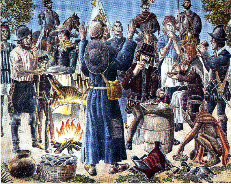 After traveling across the harsh Chihuahuan Desert, Juan de Oñate and his party followed the Rio Grande north in search of a pass through the mountains. When they reached one -  El Paso del Norte - they celebrated by feasting with members of the Mansos tribe, who helped guide them. Twentieth-century El Paso artist José Cisneros recreated the celebratory scene in this illustration. Image courtesy UTEP Library Special Collections via Texas Beyond History