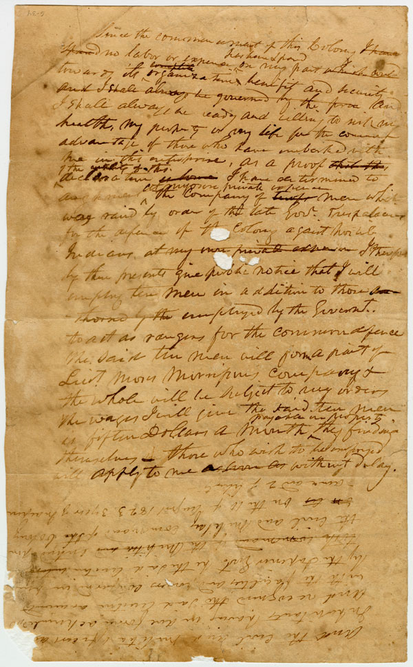 Stephen F. Austin wrote his order creating the first Ranger force on the back of a land document dated August 4, 1823. The company was led by Lieutenant Moses Morrison. Image courtesy Stephen F. Austin Papers, di_08980, The Dolph Briscoe Center for American History, The University of Texas at Austin