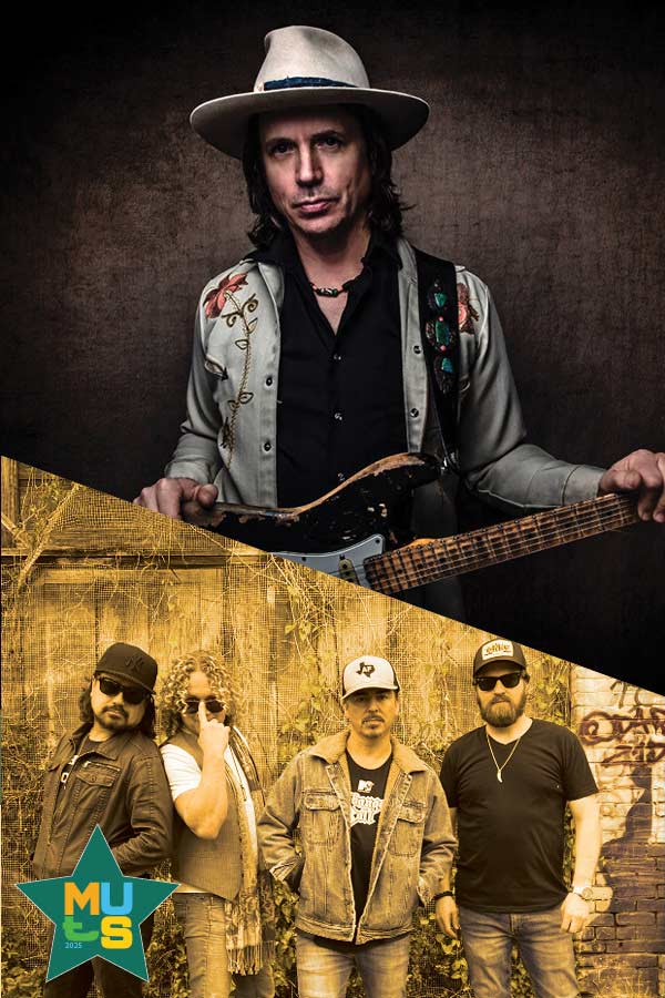 Official band photos of Brodie Lane and Ian Moore with the MUtS logo
