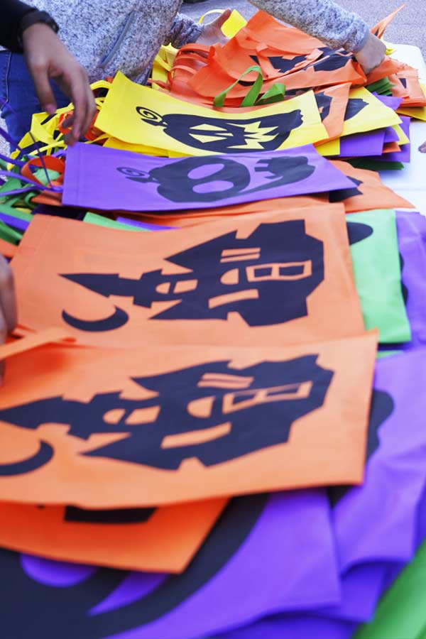 orange, purple, and yellow bags with pumpkins on them