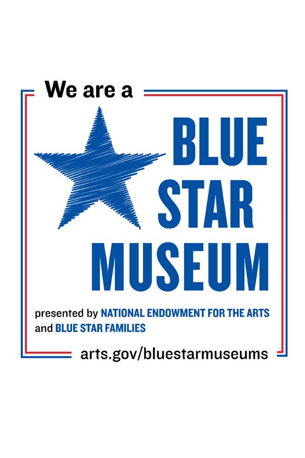 blue text on a white background that reads "We are a Blue Star Museum presented by NATIONAL ENDOWMENT FOR THE ARTS and BLUE STAR FAMILIES" on the left is a blue star