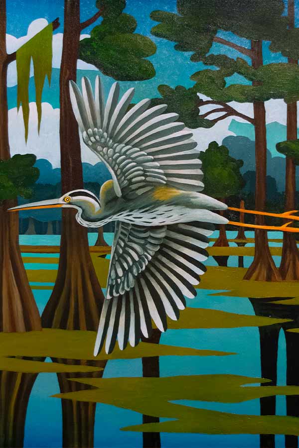 painting of a blue heron flying through a swamp