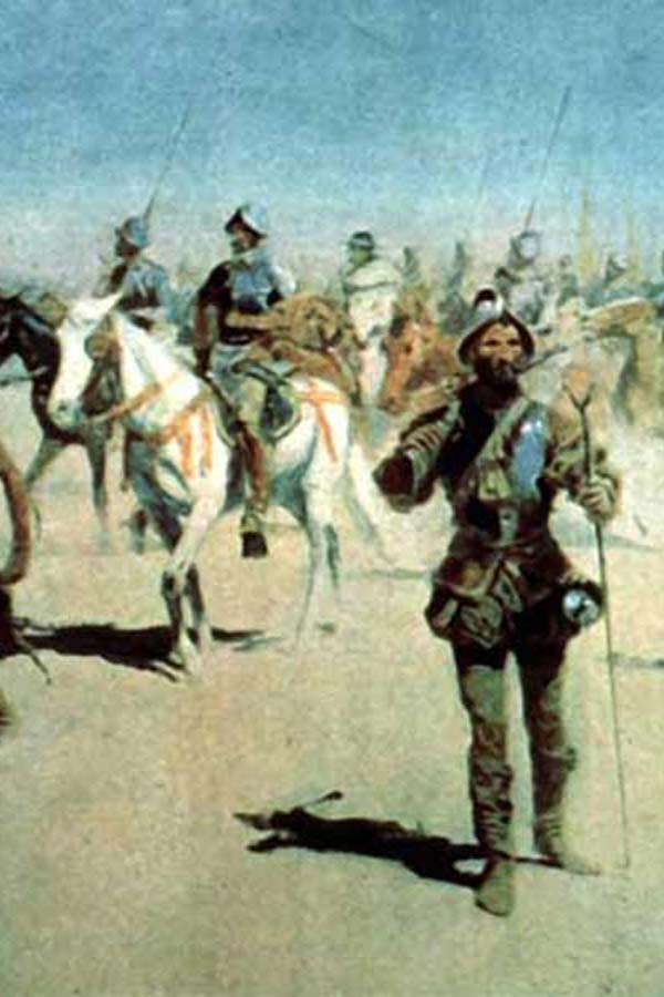 Painting of Coronado walking with a bayonet amongst men on horses and members of the Karankawa tribe
