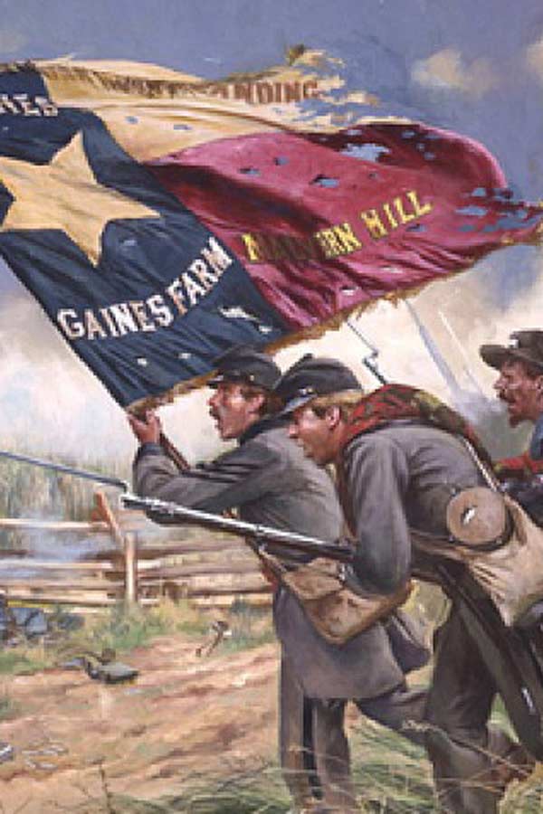 Painting of the Civil War in Texas, three men are rushing forward, two with bayonets and one with a Texas Flag