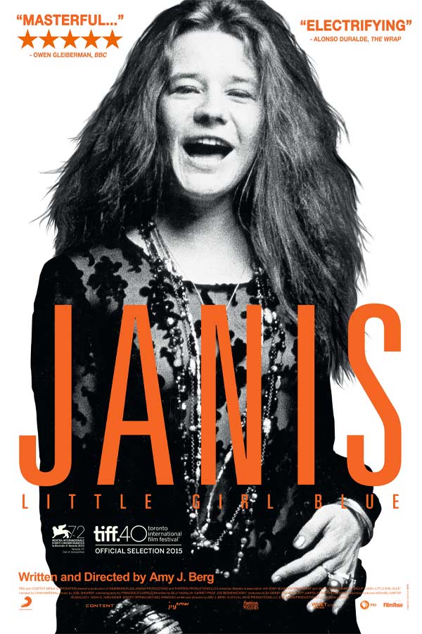 poster of the film "Janis: Little Girl Blue," black and white photo of Janis Joplin singing