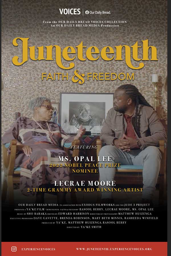 film poster of "Juneteenth: Faith & Freedom" of two Black adults sitting in chairs talking to each other