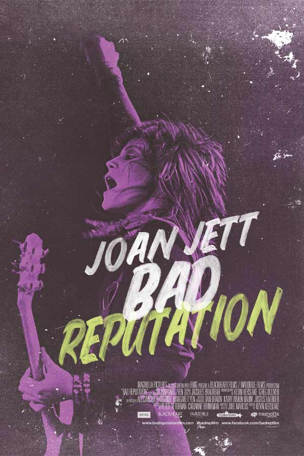 poster of "Bad Reputation," Joan Jett is holding an electric guitar, her right fist is in the air. The poster has a purple tone 